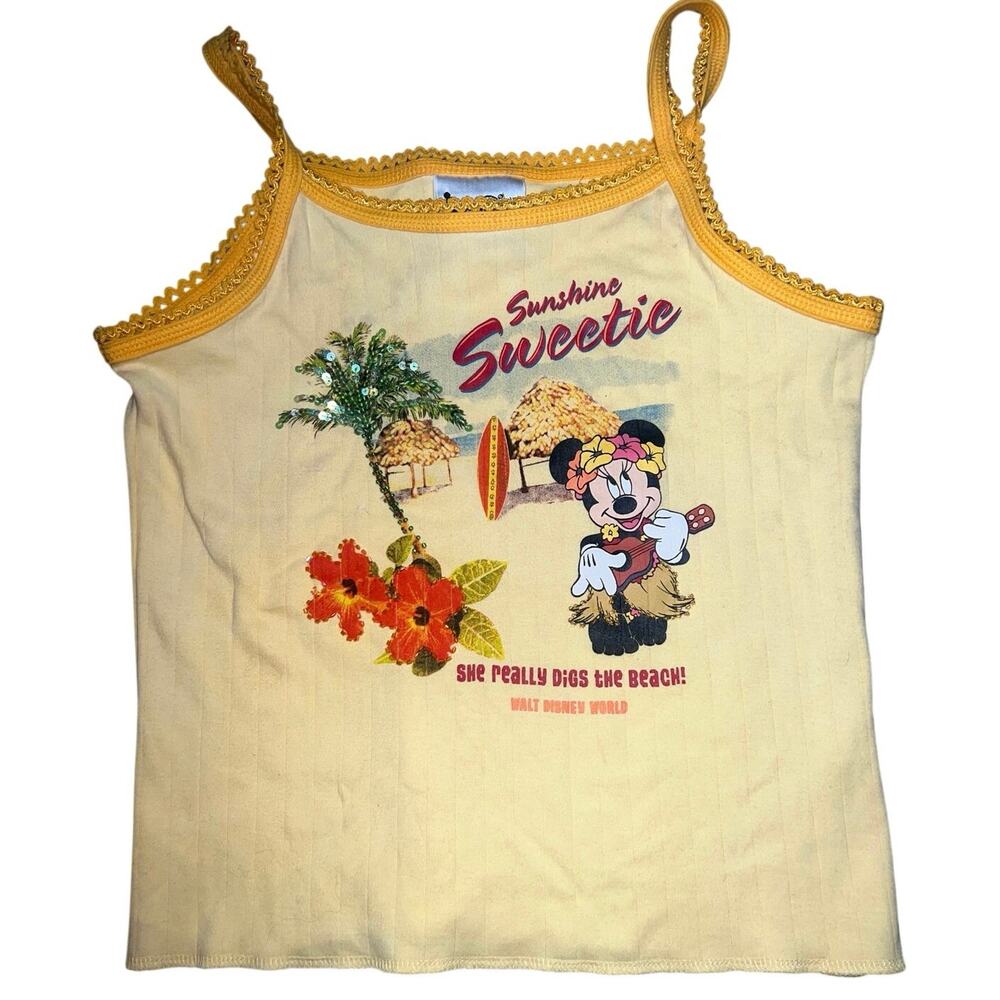 Disney Minnie Mouse Y2K vintage girls yellow Minnie Mouse tropical lace tank LRG